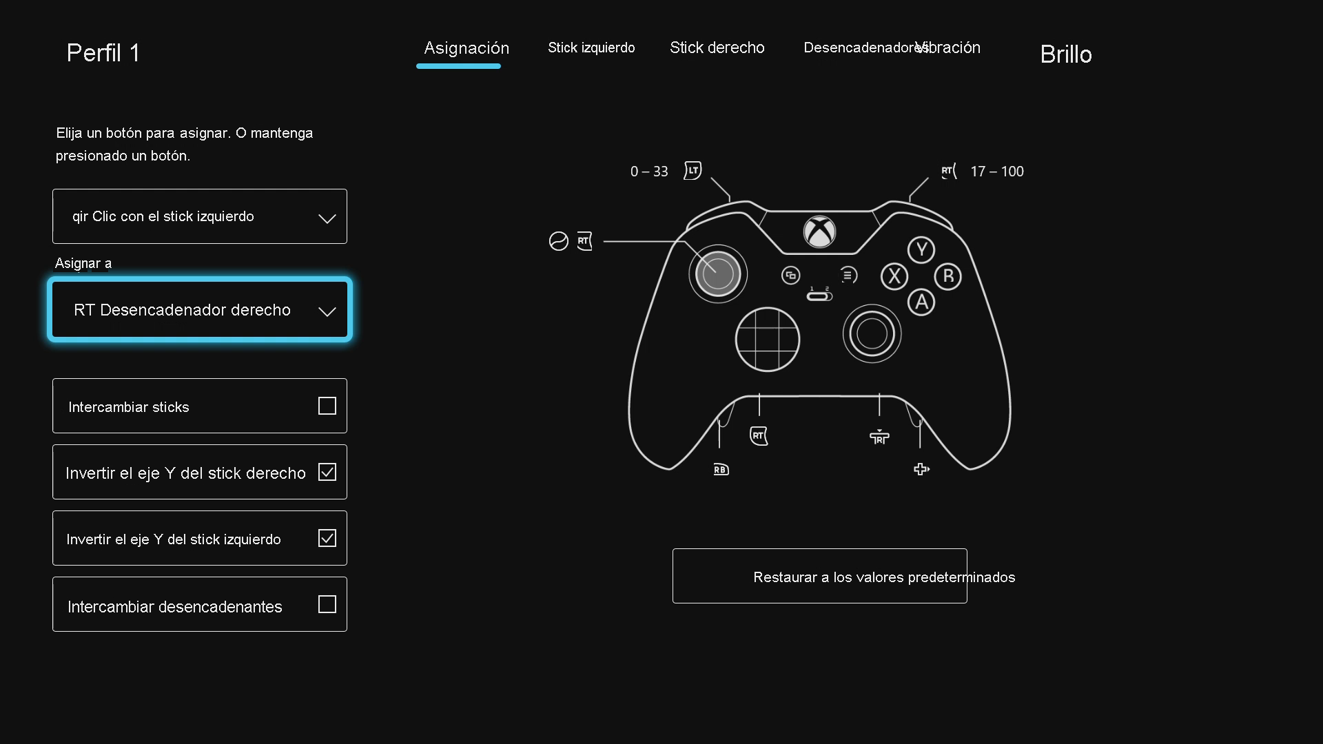 Recorte de pantalla que muestra la pantalla de configuración del mando Xbox Elite. El campo 