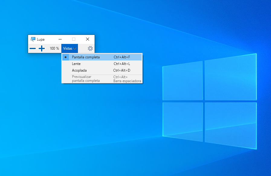 Captura de pantalla en la que se muestra la aplicación Lupa en Windows 10.