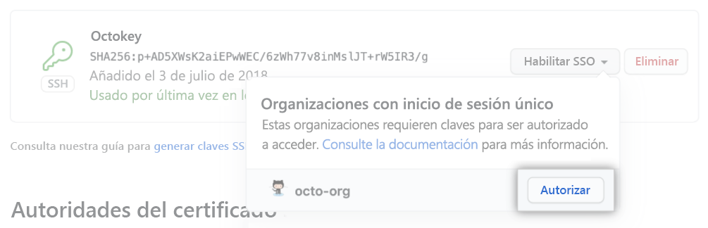 Captura de pantalla de la clave SSH.