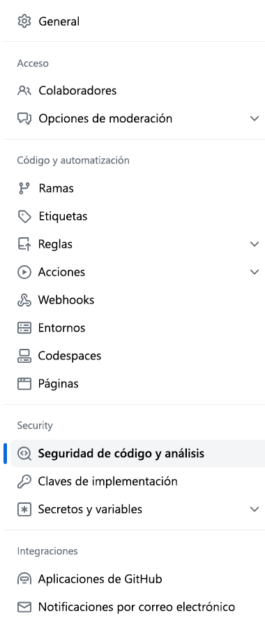 Captura de pantalla del botón Seguridad y análisis de código.