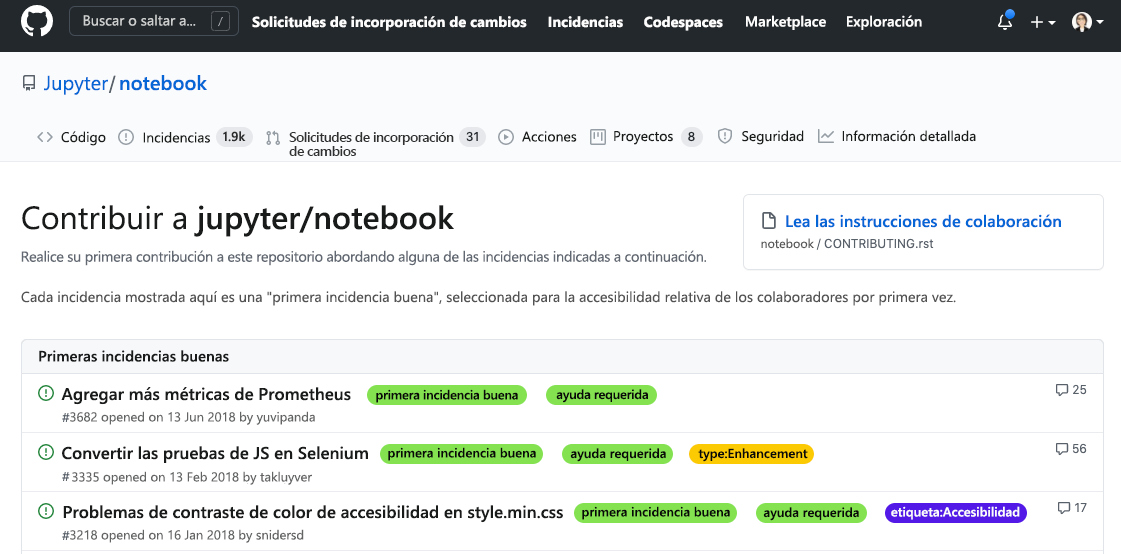 Captura de pantalla que muestra la sección Contribuir a un proyecto en GitHub.
