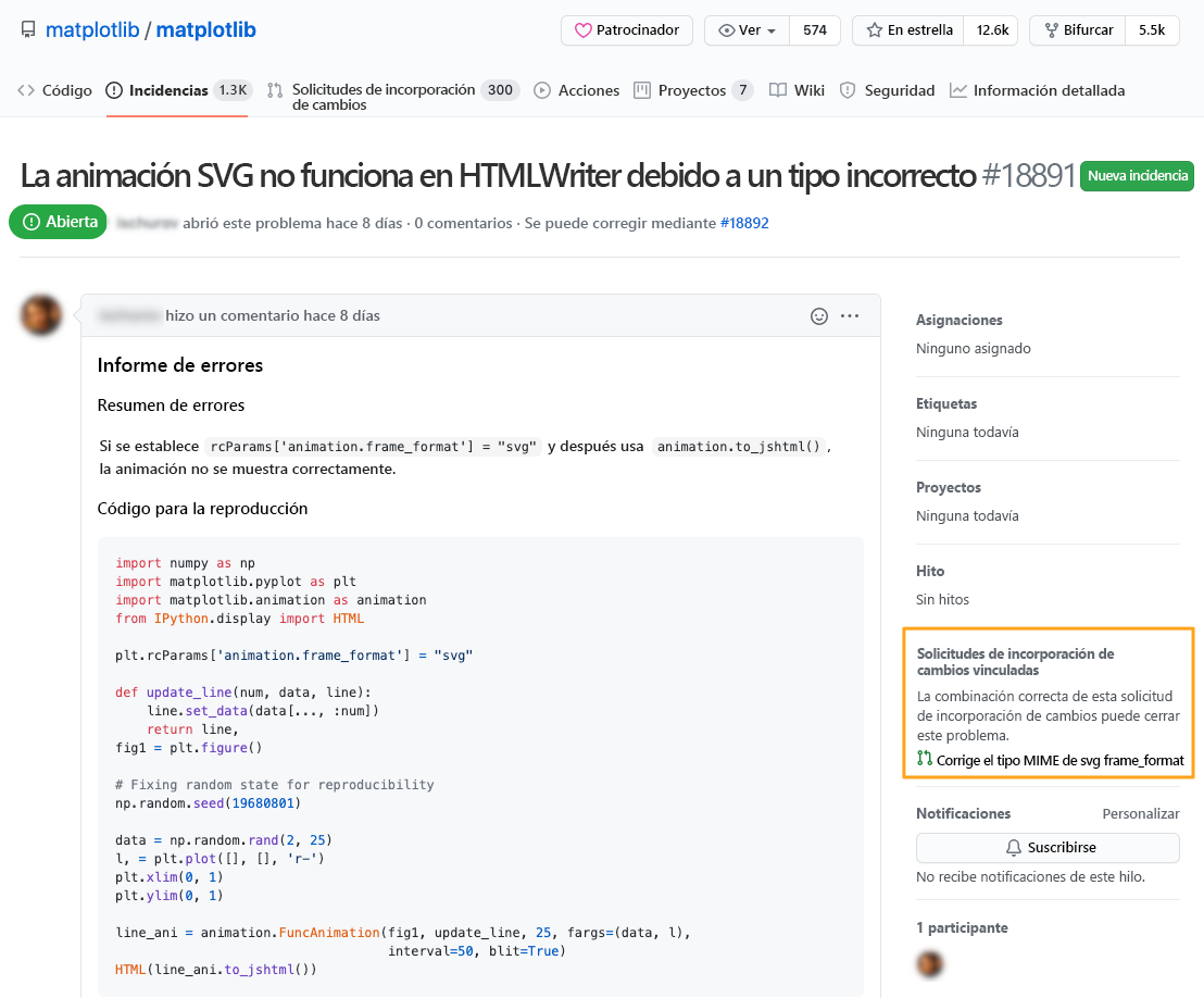 Captura de pantalla que muestra una solicitud de incorporación de cambios vinculada a un problema.