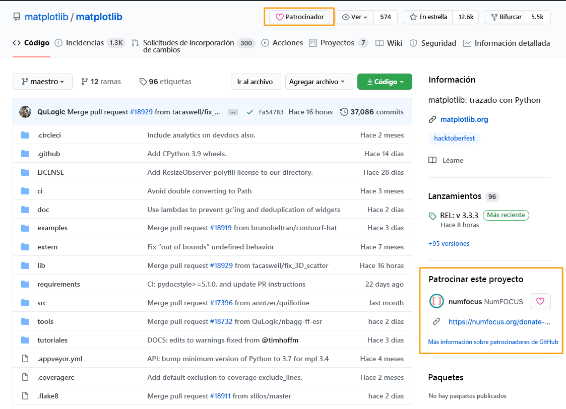 Captura de pantalla que muestra el cuadro de patrocinador en una página de proyecto de GitHub.