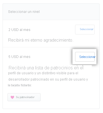Captura de pantalla que muestra los niveles de patrocinio.