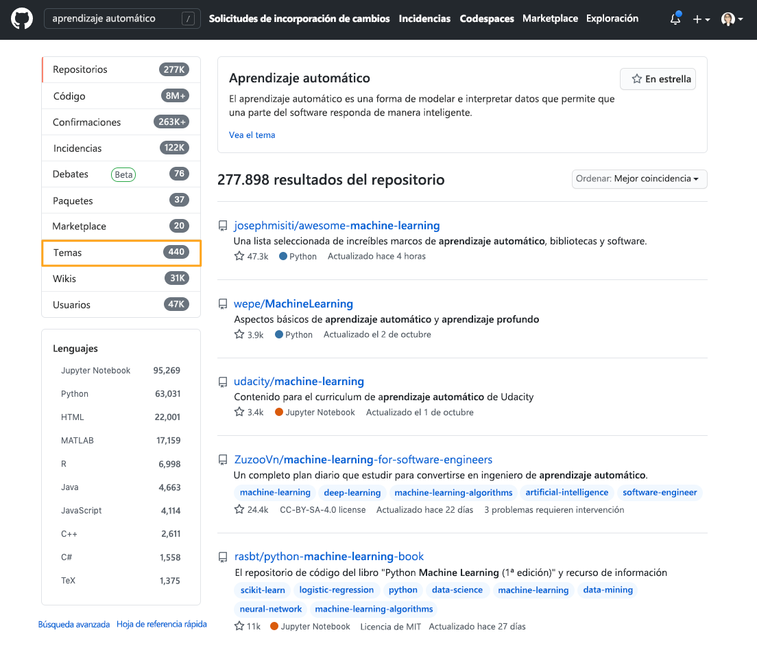 Captura de pantalla que muestra los resultados de una búsqueda estrecha de GitHub.