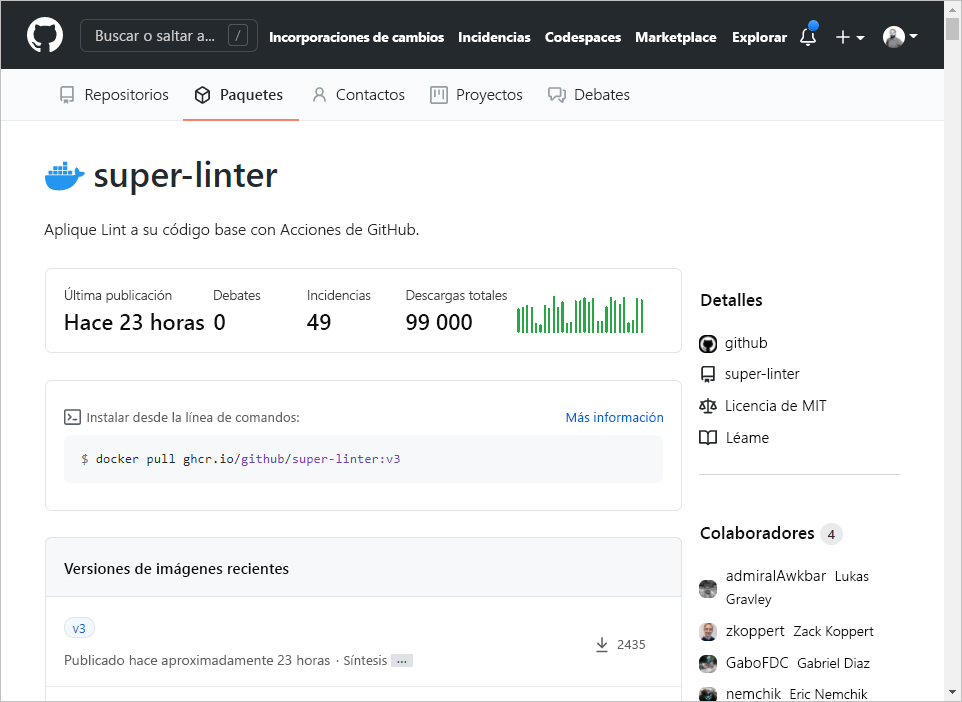 Página de imágenes de contenedor de GitHub, con la enumeración de las versiones de imagen, estadísticas e instrucciones sobre cómo instalarla.
