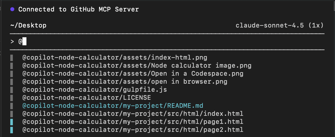 Captura de pantalla de la selección de un archivo en modo interactivo de copilot.