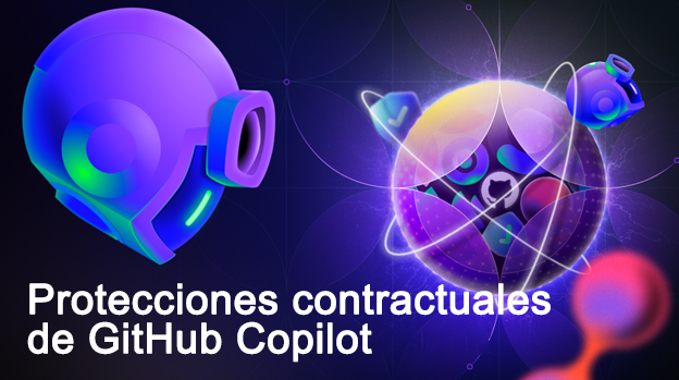Captura de pantalla de una representación futurista, en colores neón, de GitHub Copilot representado como un casco robótico estilizado.