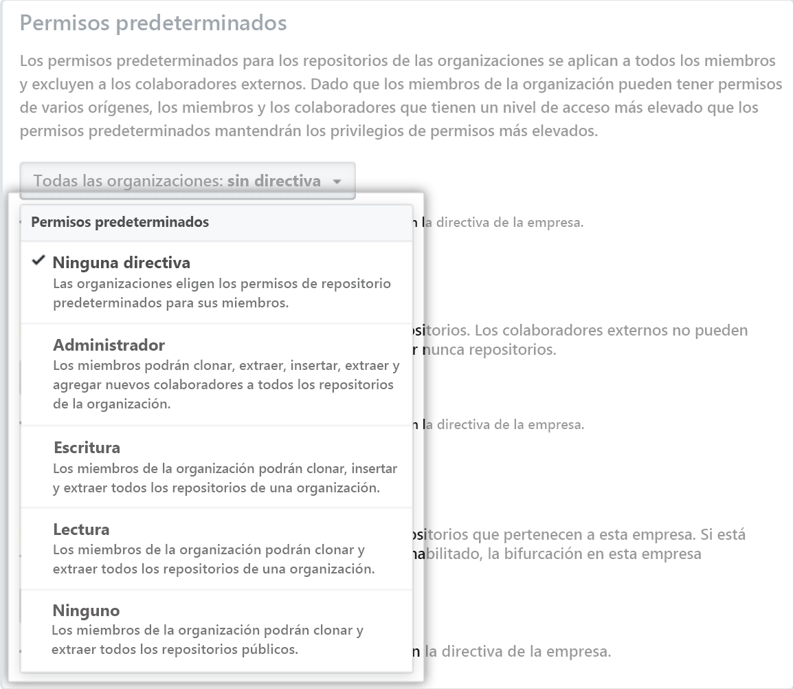 Captura de pantalla de la pantalla de directivas con la lista desplegable de permisos predeterminados.