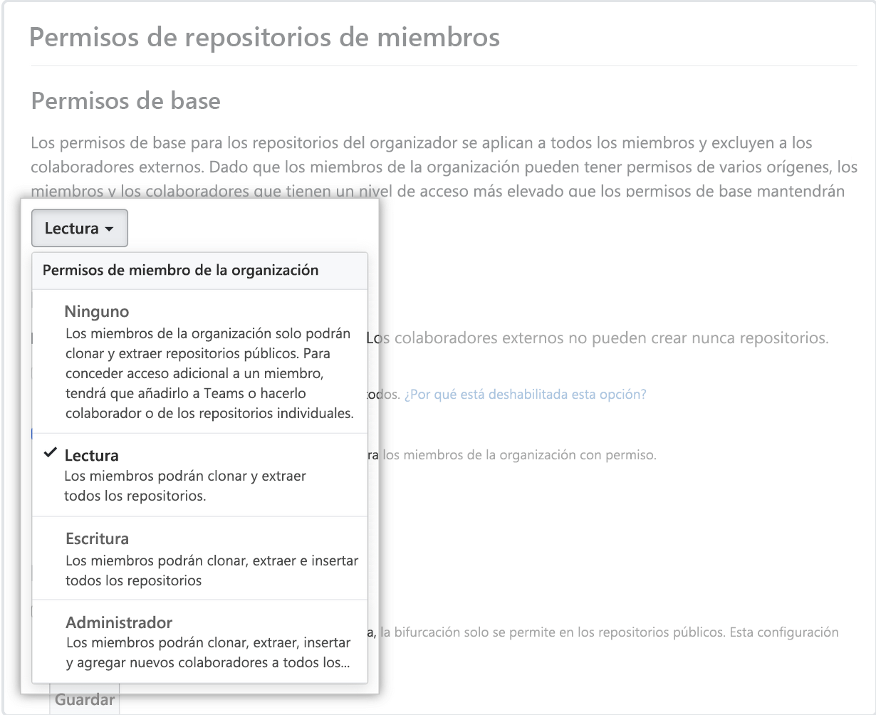 Captura de pantalla de la pantalla de privilegios de miembro con la lista desplegable de permisos base.