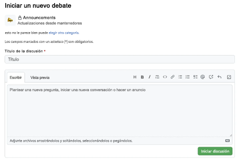 A screenshot of starting a new discussion page with the Discussion title box and content box empty.