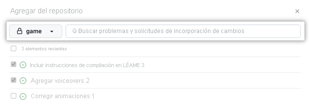 Recorte de pantalla de la adición masiva de problemas y solicitudes de incorporación de cambios de un repositorio, con la opción de buscar problemas específicos o solicitudes de incorporación de cambios resaltadas.