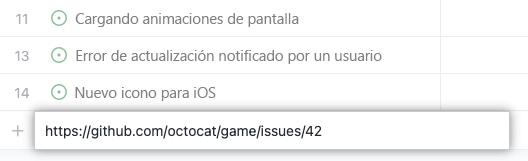 Captura de pantalla de un proyecto en la vista Lista con un ejemplo de una dirección URL de un problema pegado en el proyecto.