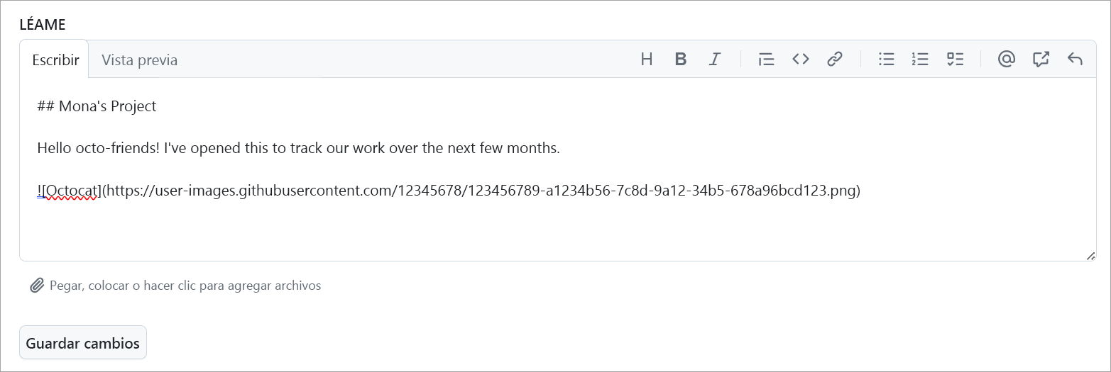 Recorte de pantalla de un archivo LÉAME de proyecto resaltado con texto de ejemplo que describe el proyecto del usuario.