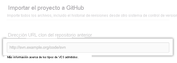 Captura de pantalla del cuadro de texto URL del repositorio antiguo.