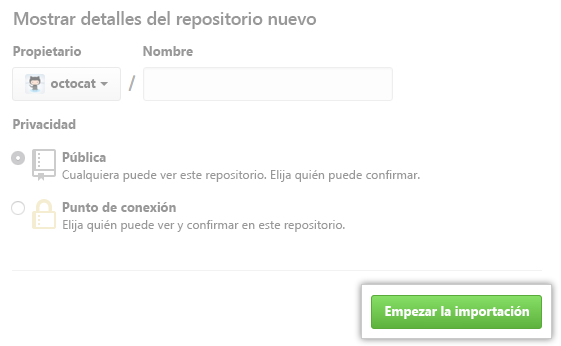 Captura de pantalla del botón Iniciar importación para una nueva importación de repositorio.