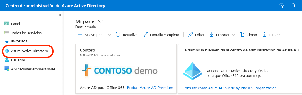 Captura de pantalla que muestra la selección de Azure Active Directory en el Azure Portal.