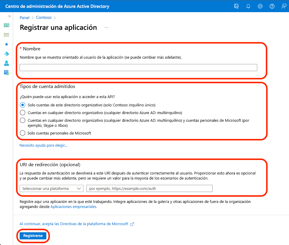 Captura de pantalla que muestra las selecciones para registrar una aplicación en Azure Active Directory.