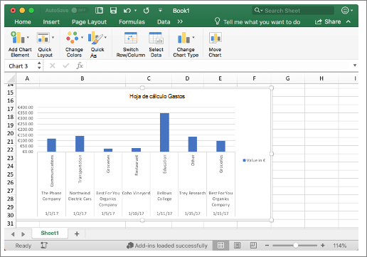 Captura de pantalla del libro de Excel con un gráfico.
