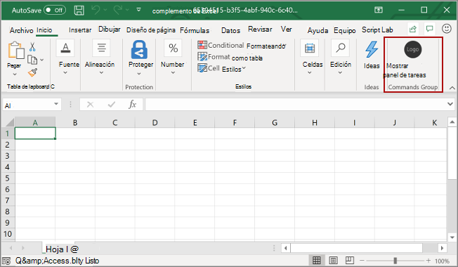 Captura de pantalla del botón de complemento de Excel.