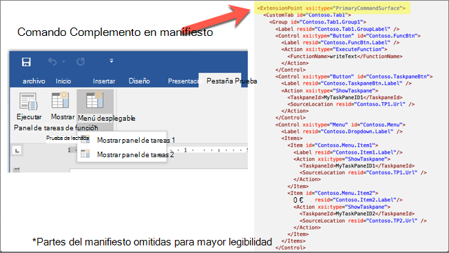 Captura de pantalla de una aplicación Office junto a un extracto del manifiesto del complemento con el punto de extensión resaltado.
