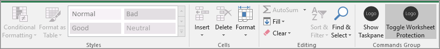 Captura de pantalla de la cinta de opciones en Excel con la protección de hojas de cálculo activada.