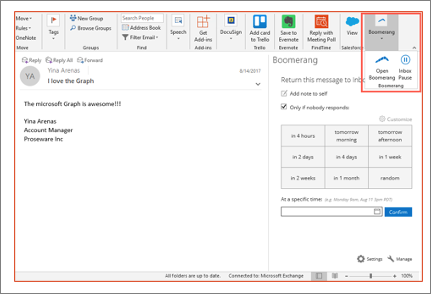 Captura de pantalla de Outlook que muestra un ejemplo del menú del complemento y los botones.