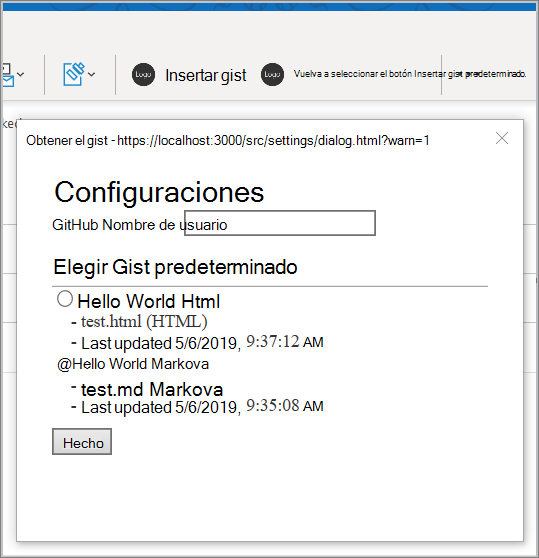 Captura de pantalla del cuadro de diálogo de configuración del complemento.