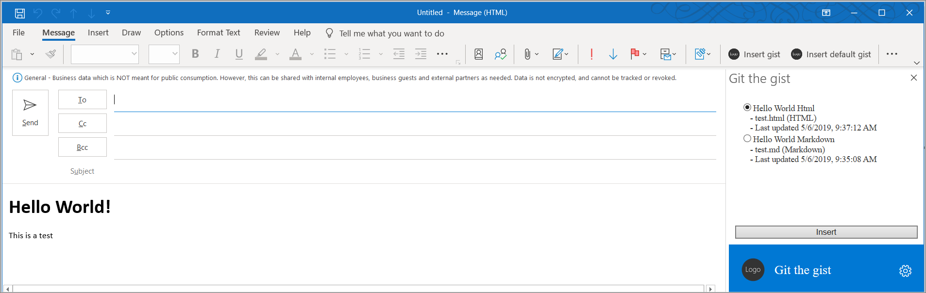 Captura de pantalla de la ventana de redacción de mensajes y el panel de tareas del complemento.