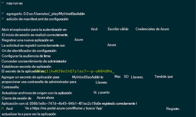 Captura de pantalla de la salida de la ejecución del script configure-sso.