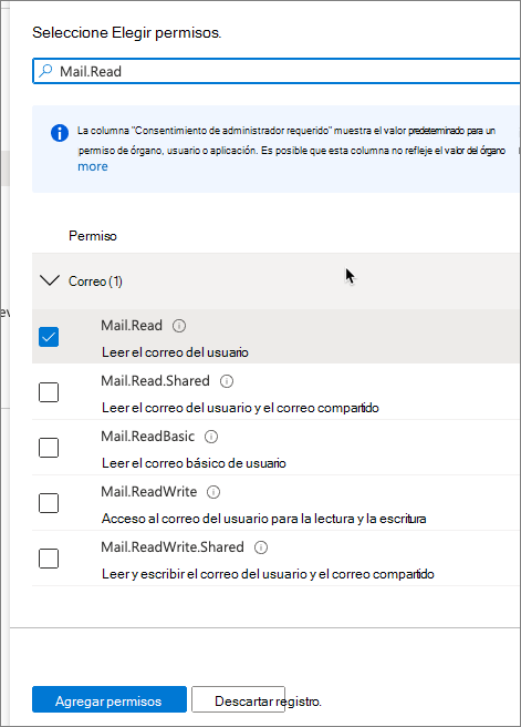 Captura de pantalla que muestra cómo agregar el permiso Mail.Read.