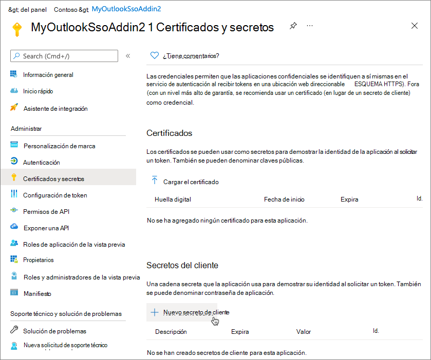 Captura de pantalla de la página Certificados y secretos del centro de administración de Microsoft Entra.