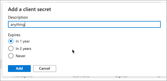 Captura de pantalla que muestra cómo agregar un secreto de cliente.