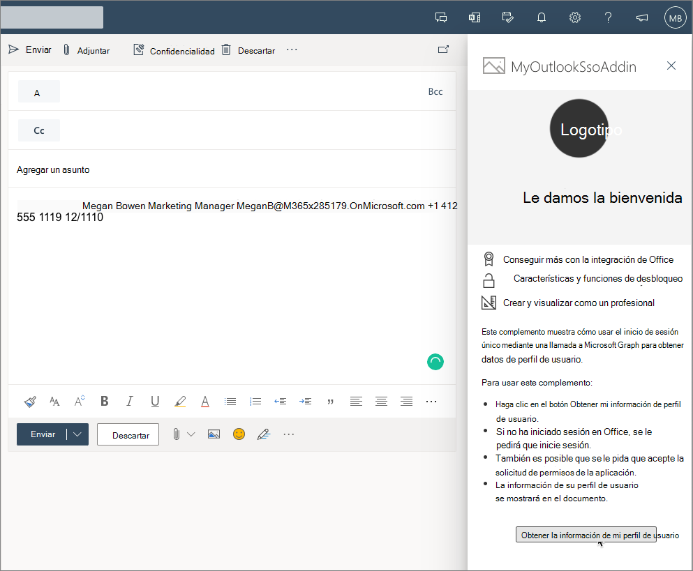 Captura de pantalla del panel de tareas del complemento en el nuevo correo de Outlook