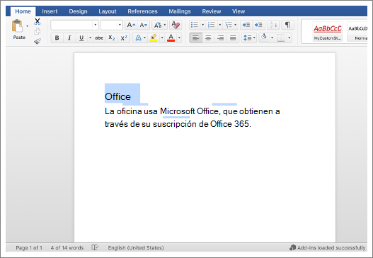 Captura de pantalla de Microsoft Word con texto seleccionado.