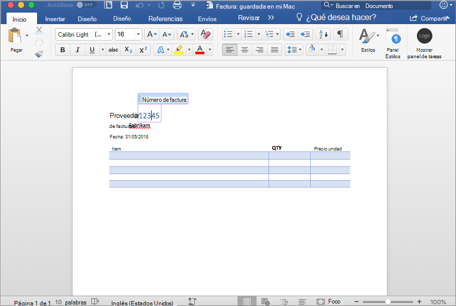 Captura de pantalla de un control de contenido en un documento de Word.