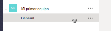 Captura de pantalla que selecciona el canal General en el equipo Mi primer equipo.