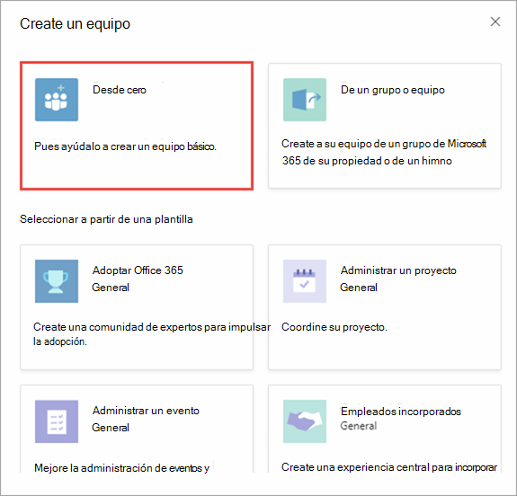 Captura de pantalla del cuadro de diálogo Crear un equipo.