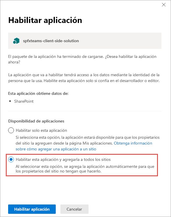 Captura de pantalla del panel Habilitar aplicación.