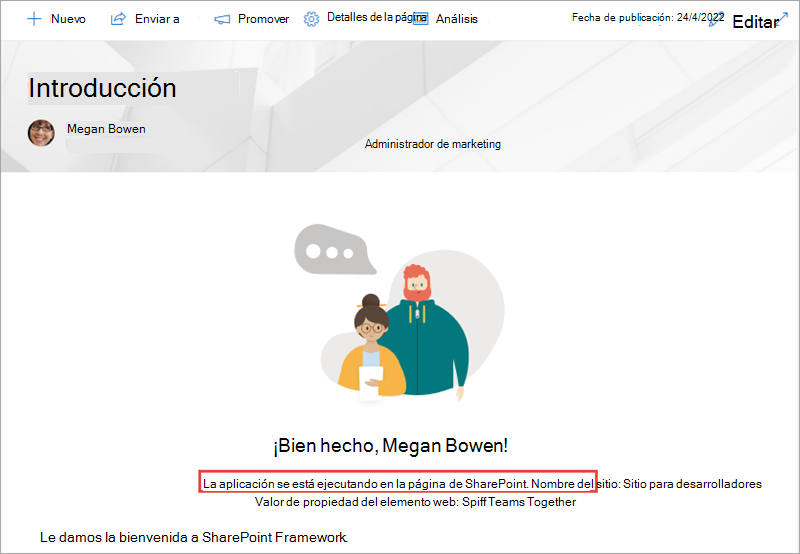 Captura de pantalla de la solución SPFx en SharePoint.