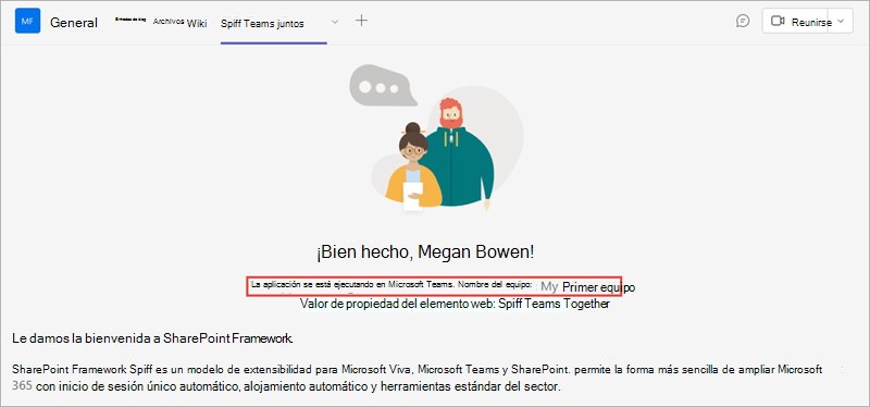 Captura de pantalla de la solución SPFx en Microsoft Teams.
