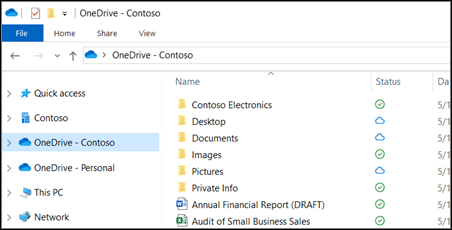 Los archivos aparecerán en el Explorador de archivos en la carpeta de OneDrive con OneDrive – NombreDeEmpresa.