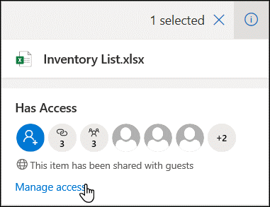 Los propietarios de archivos pueden detener o cambiar los permisos de uso compartido en cualquier momento haciendo clic en el panel de detalles y seleccionando Administrar acceso.