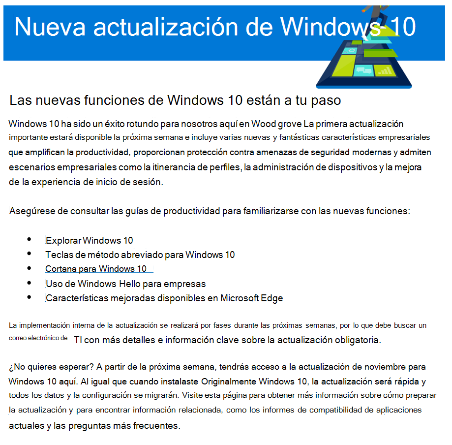 Correo electrónico informativo sobre la actualización