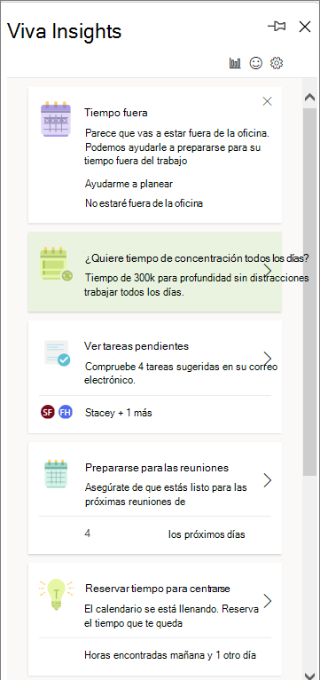Captura de pantalla que muestra algunas tarjetas típicas en el panel de Viva Insights