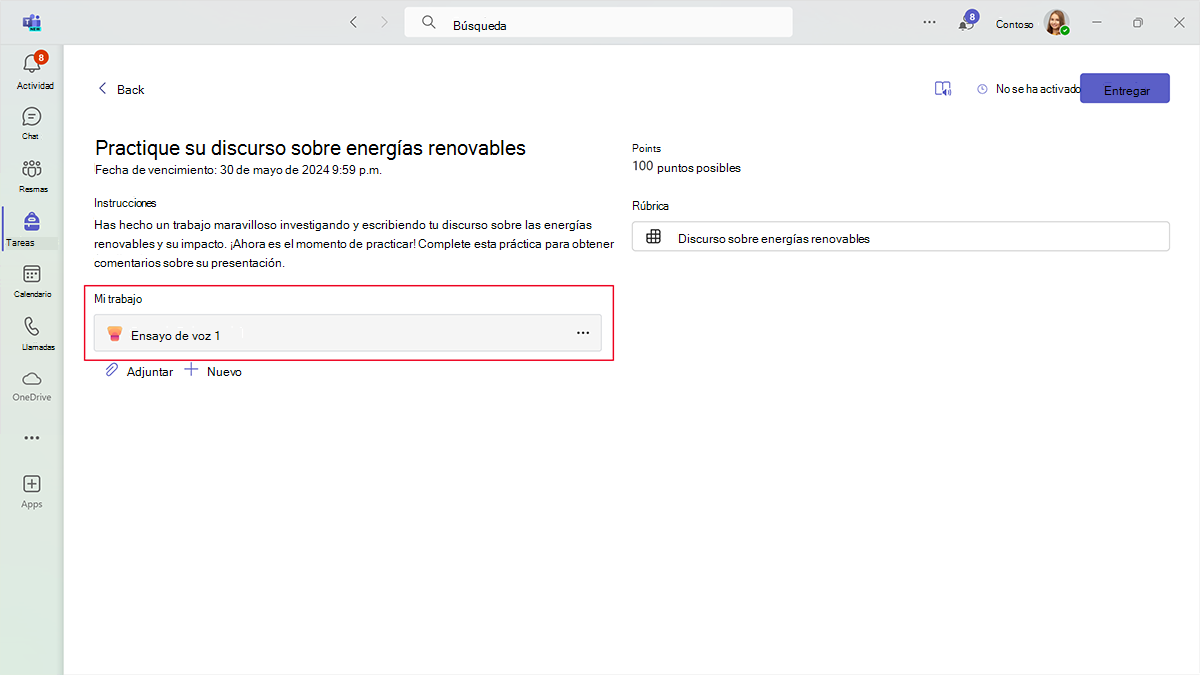 Captura de pantalla de los datos adjuntos de ensayo de voz en la sección Mi trabajo de una asignación de progreso de voz.
