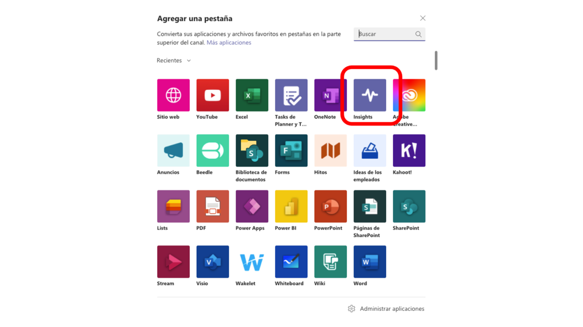 captura de pantalla sobre apartado de agregar una pestaña en tu equipo de Teams, señalando la casilla de Insights.