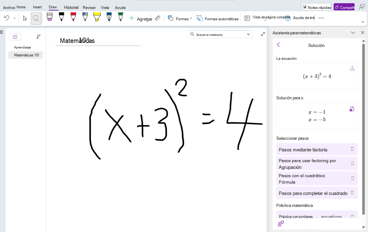 Captura de pantalla de matemáticas de entrada manuscrita en OneNote.