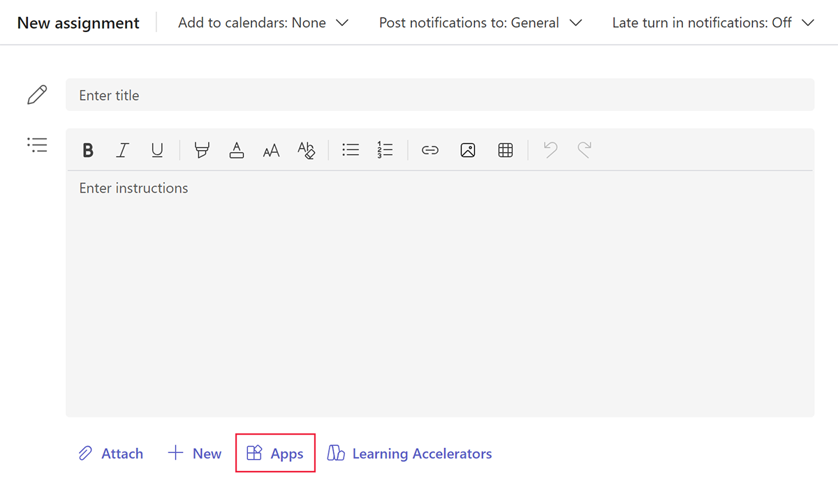 Screenshot showing the option to add an educational app when creating an assignment in Microsoft Teams for Education.