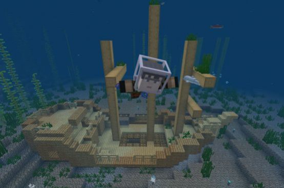 Captura de pantalla del punto de desove para el mundo narrativo de naufragio en Minecraft Education.